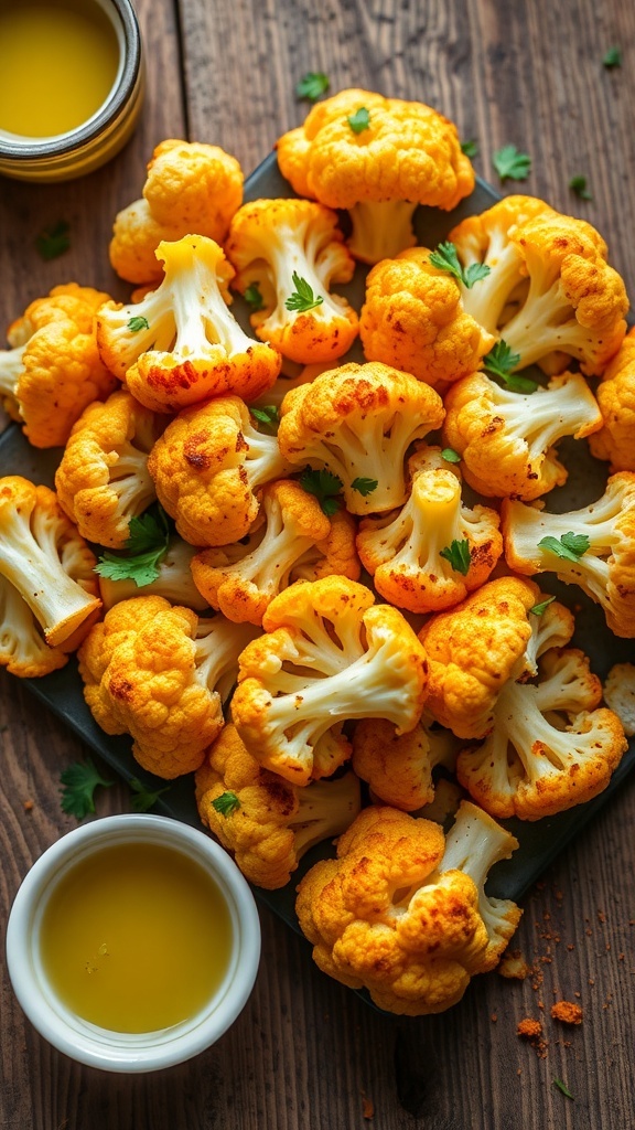Roasted garlic cauliflower florets garnished with parsley on a wooden table.
